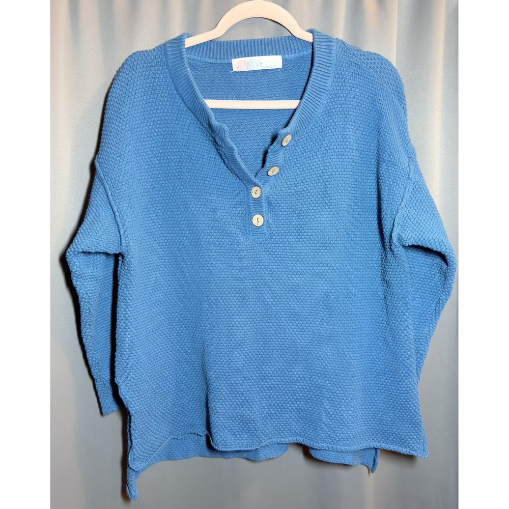 Free People FP Beach Hailee Sweater Henley Top Vista Blue Oversized Women's XS